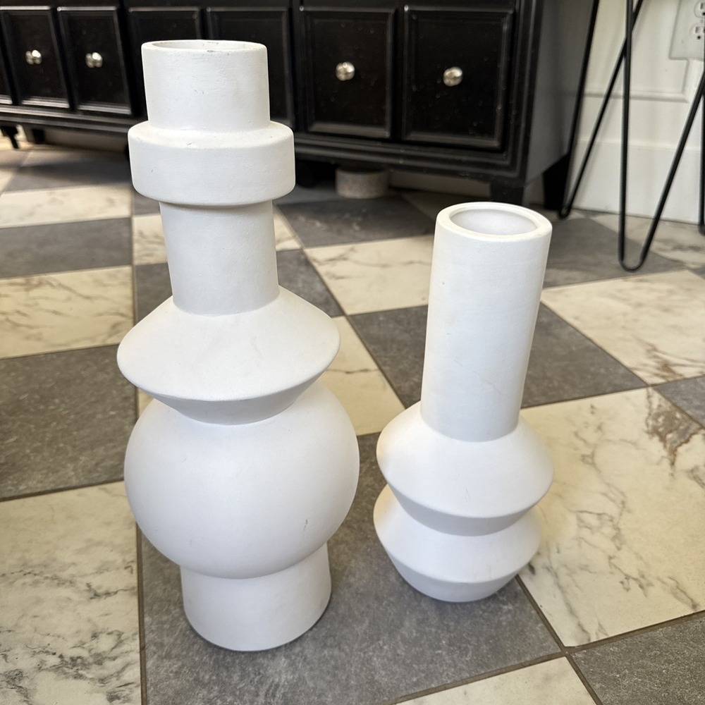 West Elm Totem Vase Set Matte White 16" And 12" MCM